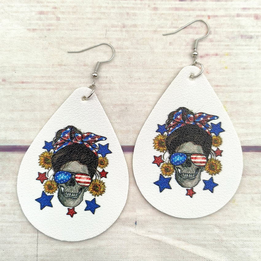 Wholesale Leather Sunflower Pentagon Skull Girl Head Pattern Water Drop Earrings